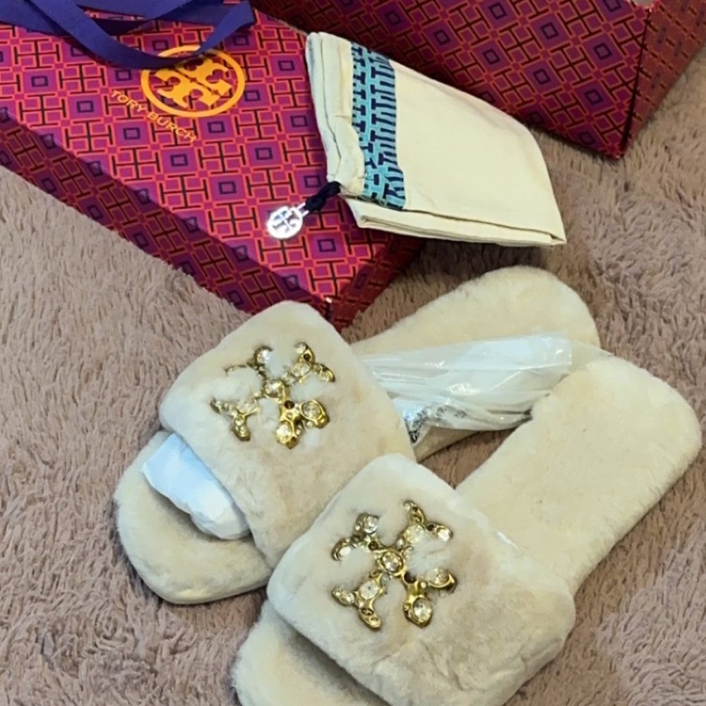 Tory Burch Jeweled Shearling Slide